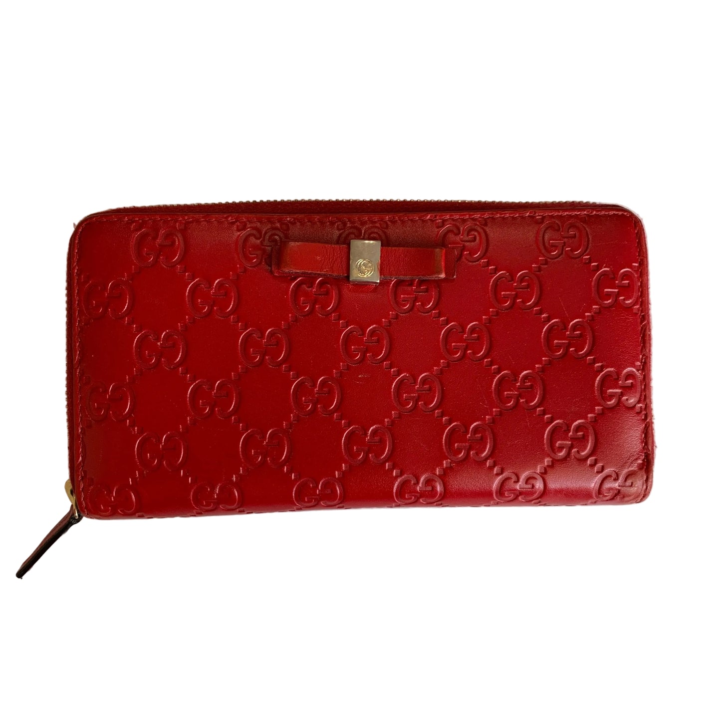 Gucci bow GG monogram Long red zip around leather wallet Authentic with COA