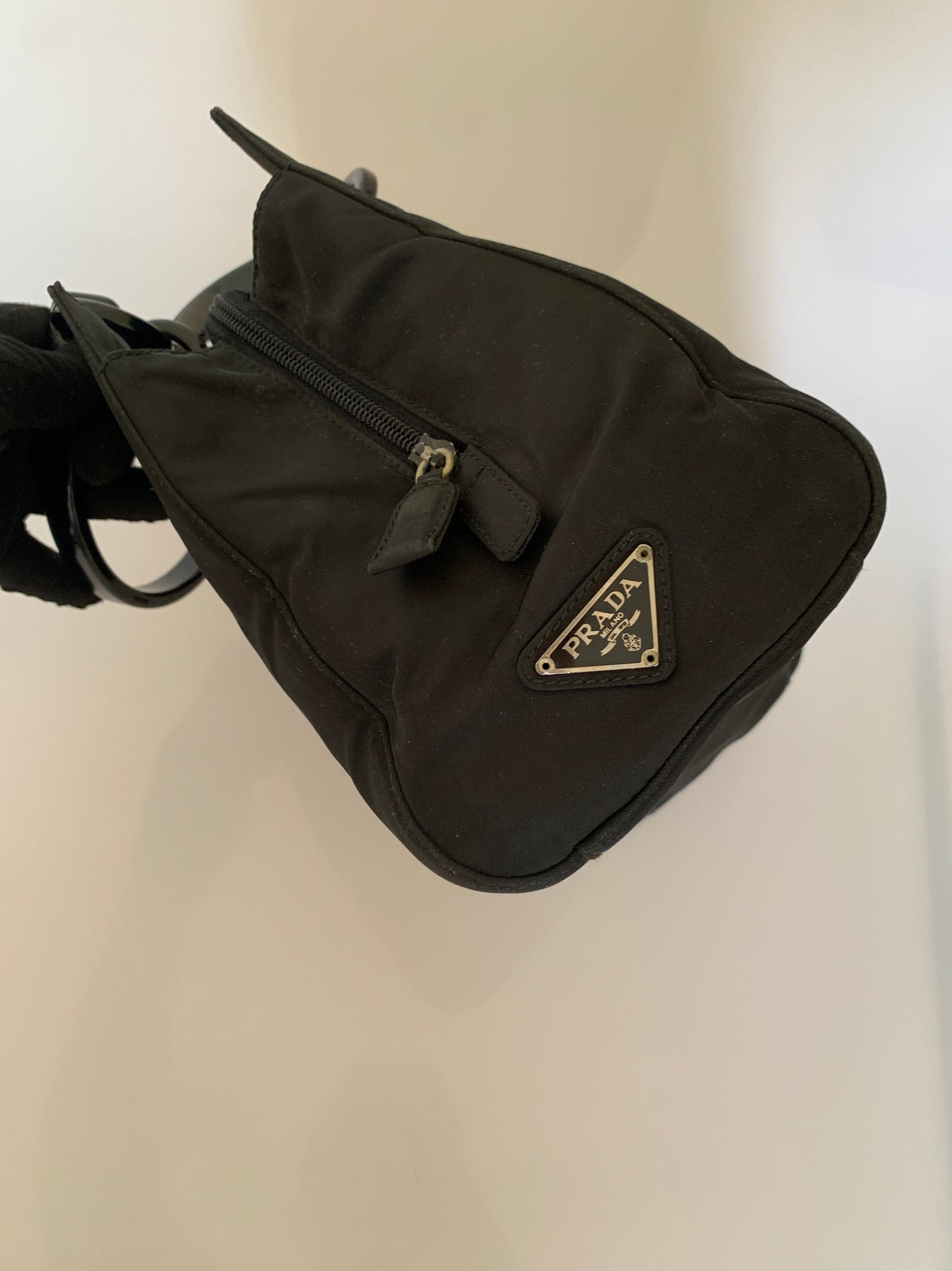 Prada black nylon triangle logo handbag authentic with COA