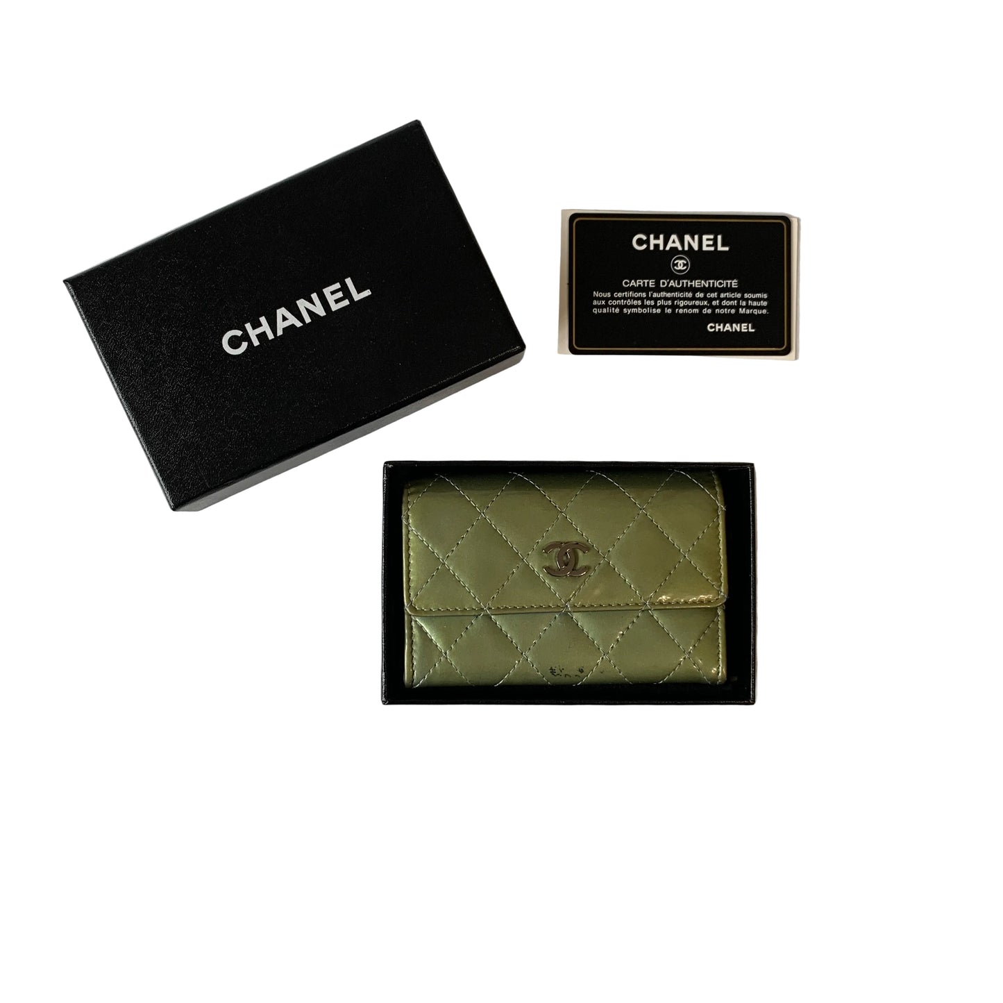 Chanel green patent leather card holder mini wallet authentic with COA box