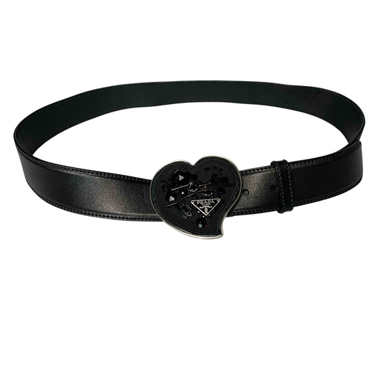 Prada heart triangle logo black leather belt authentic with COA 90 cm 36”