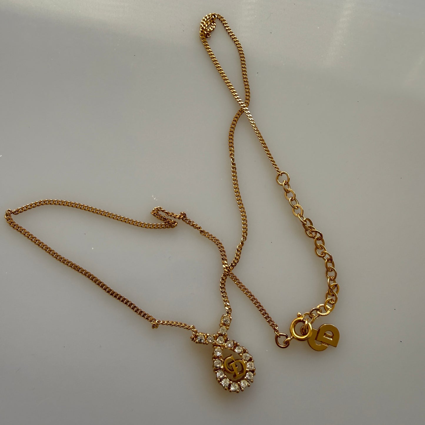 Christian Dior CD logo rhinestone gold tone necklace authentic with COA 005