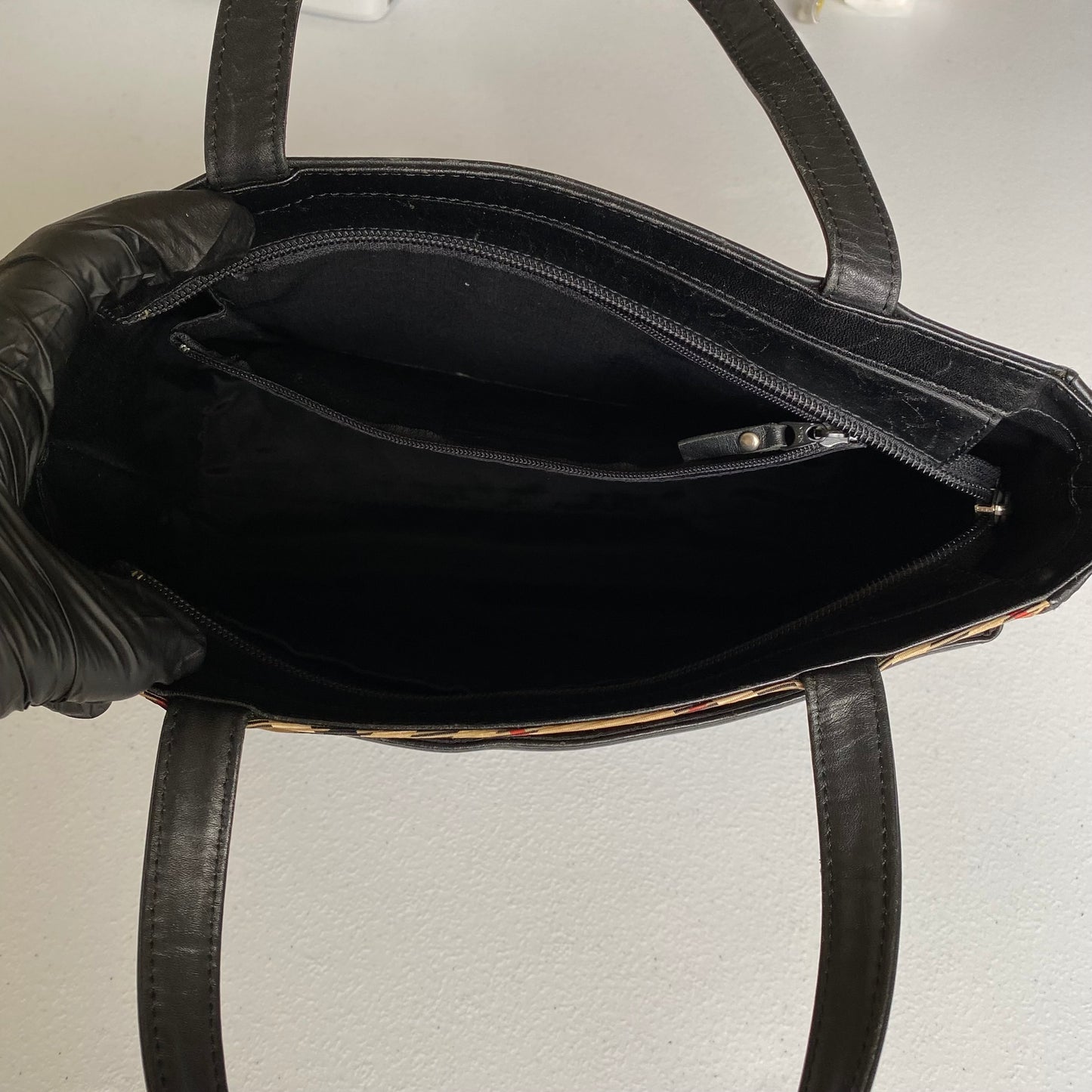 Burberry nova check black leather handbag tote bag Authentic with COA