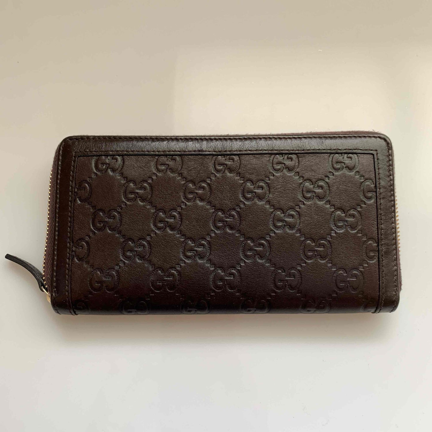 Gucci monogram guccissima brown leather long zip around wallet authentic with COA
