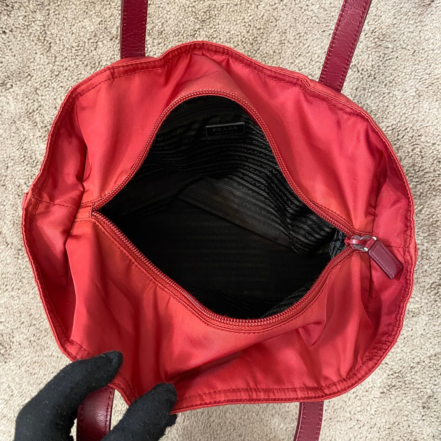 Prada triangle logo red nylon tote bag Authentic with coa 13x12x4