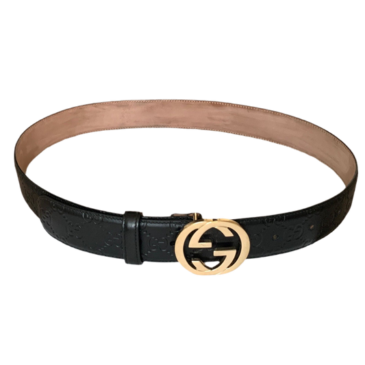 G1035 Gucci signature unisex black leather belt size 34 inch 85 cm