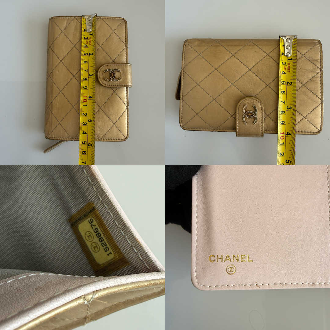 Chanel gold quilted lambskin leather bifold wallet authentic with COA