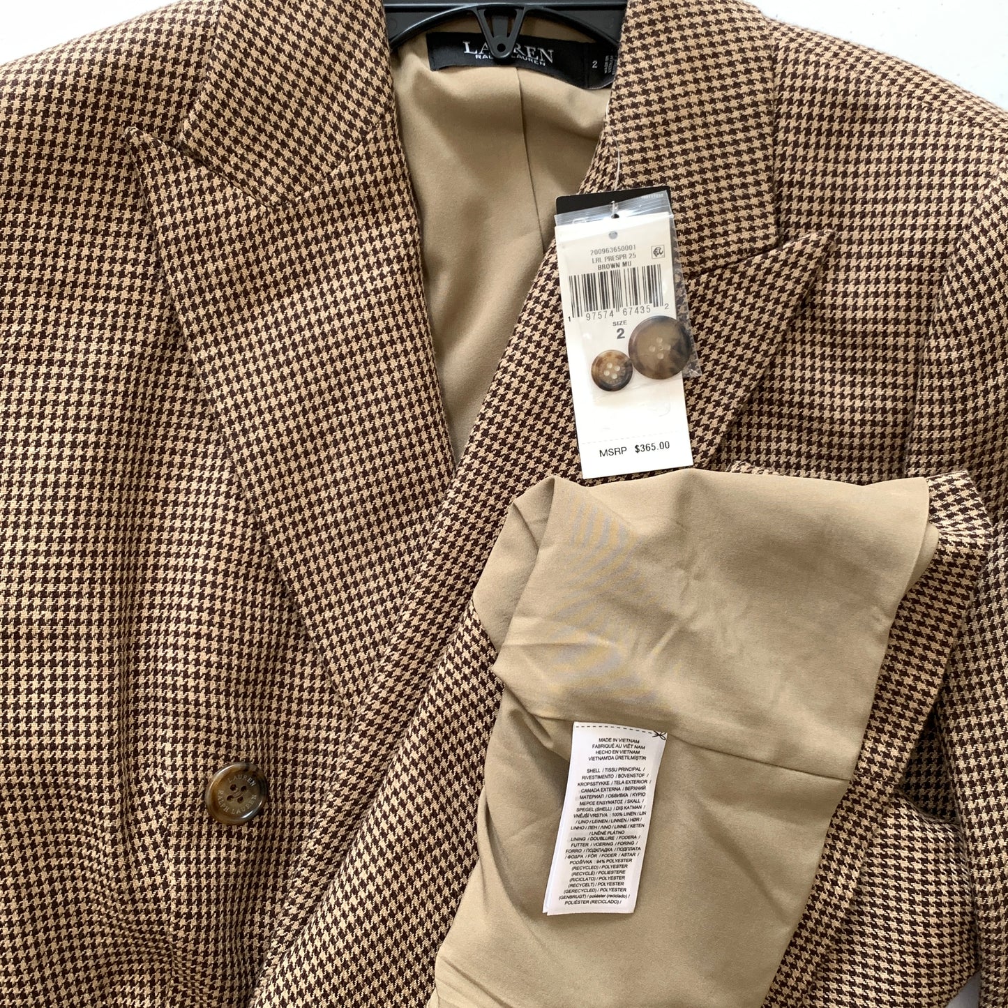Lauren Ralph Lauren Women’s NWT Tan/Brown checkered print blazer size 2