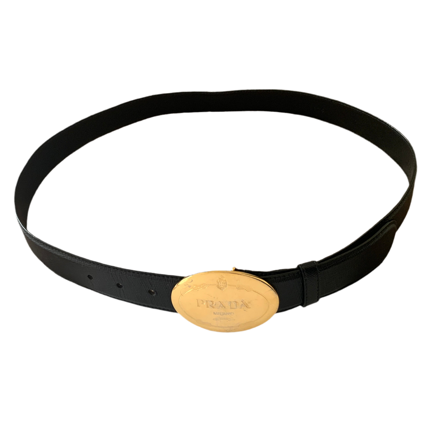 Authentic Prada unisex logo buckle saffiano black leather belt