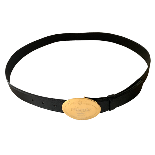 Authentic Prada unisex logo buckle saffiano black leather belt