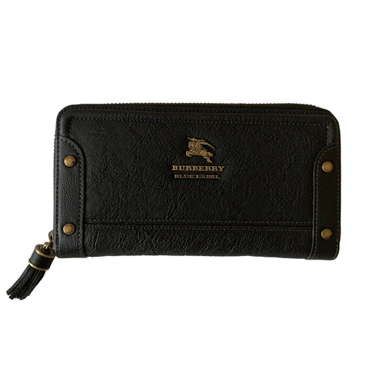 Burberry long black leather zippy wallet Authentic with COA