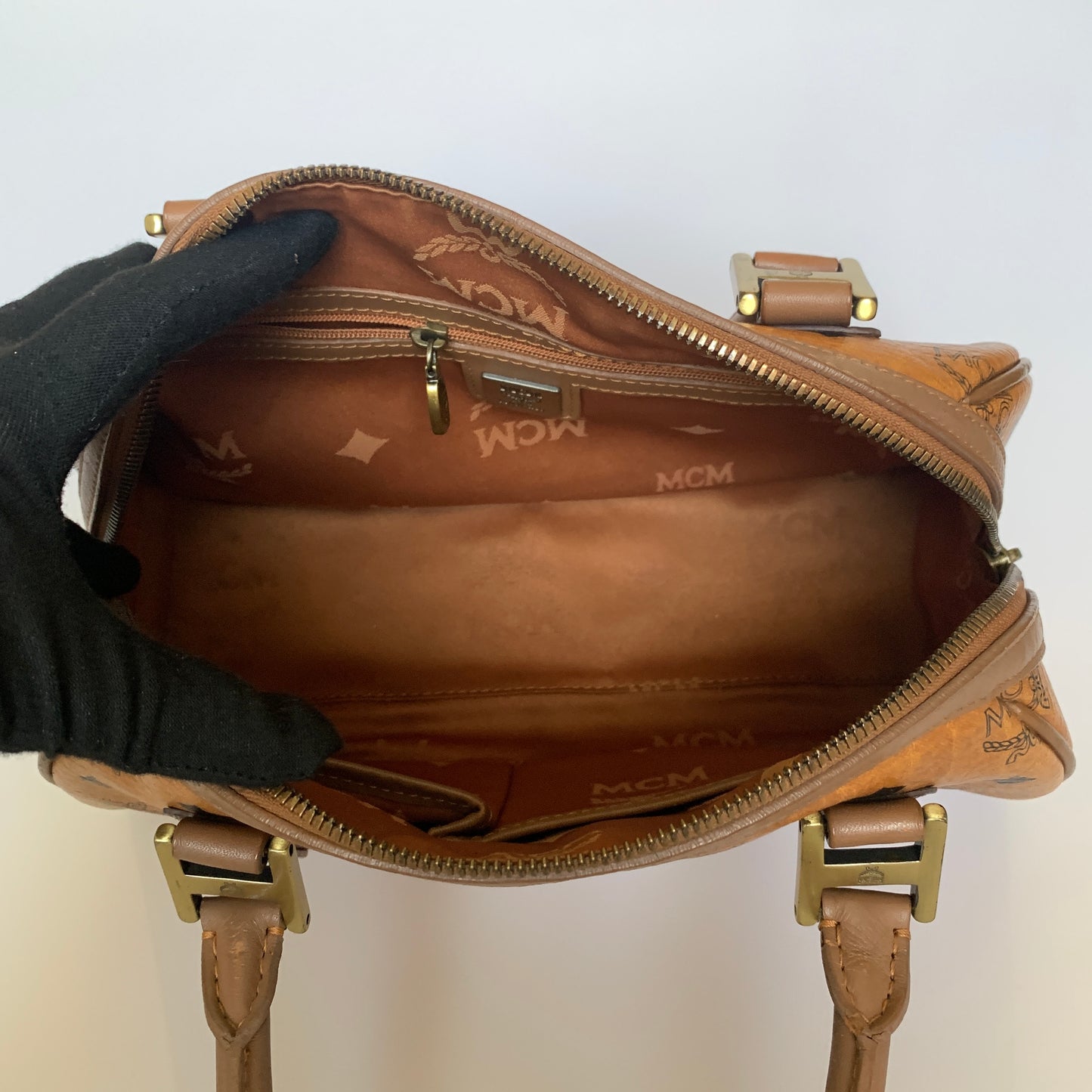 MCM cognac visetos Boston bag Authentic with COA