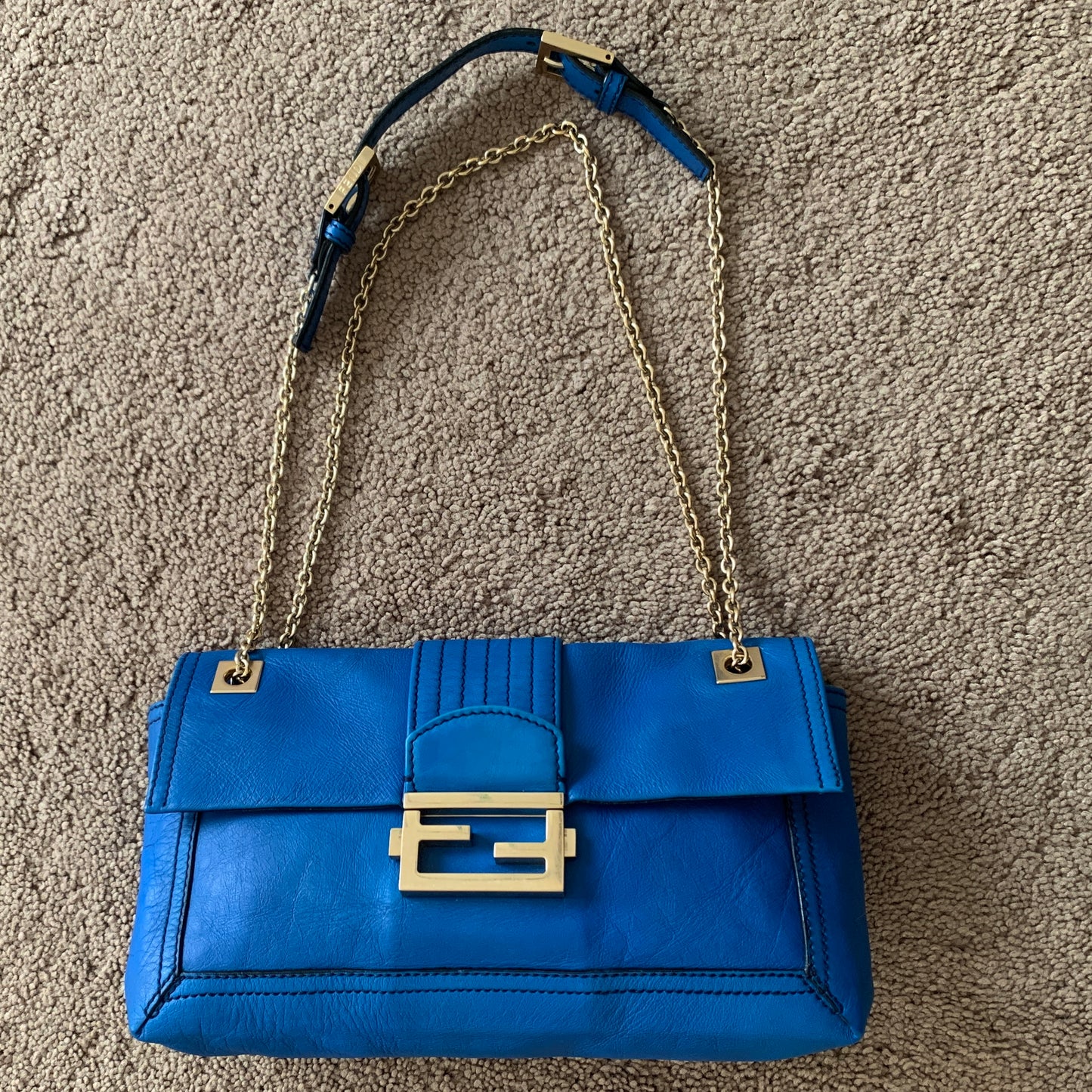 Authentic Fendi 2 way baguette chain blue leather bag with dust bag and COA