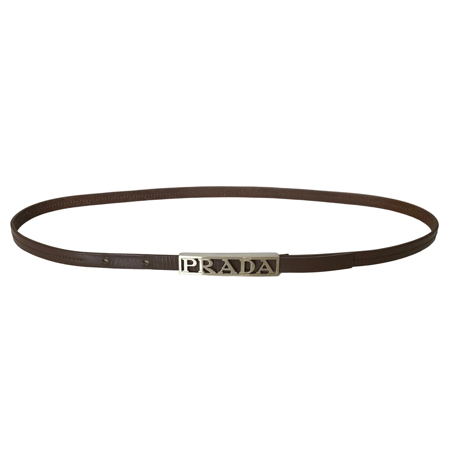 Prada silver logo brown leather belt Authentic with COA size 34 inch 85 cm