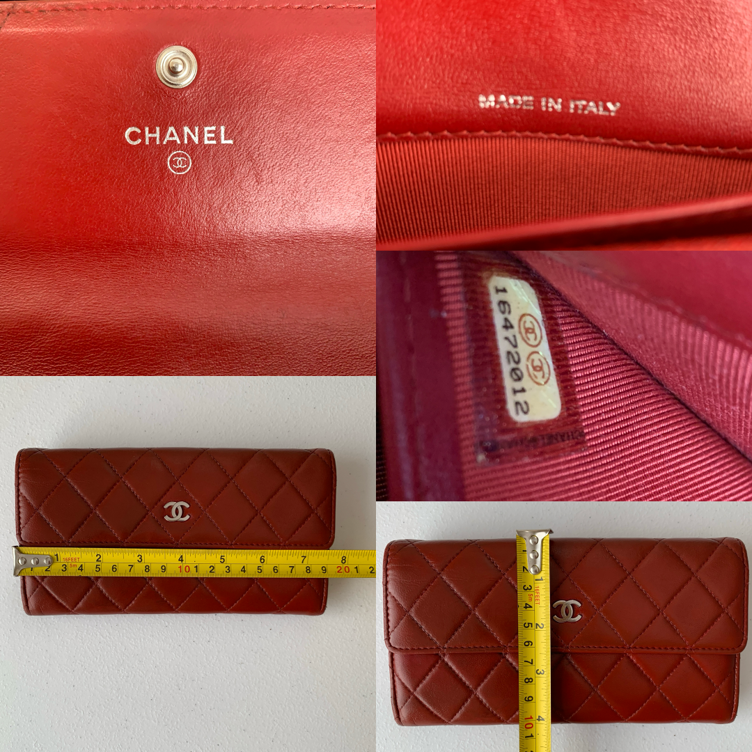 Chanel dark red cc mark flap quilted leather long Wallet Authentic with COA and box