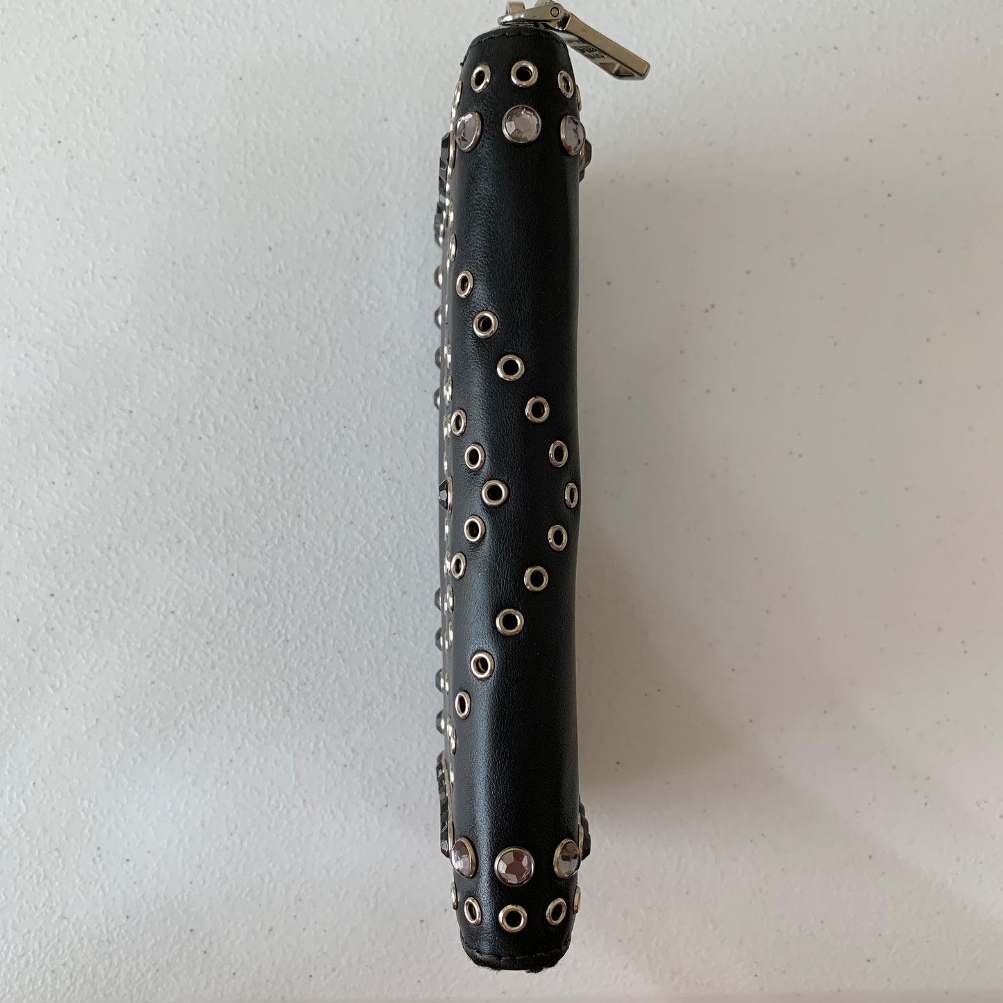 Prada black leather studded zipper wallet authentic with COA 4.5x7.5”