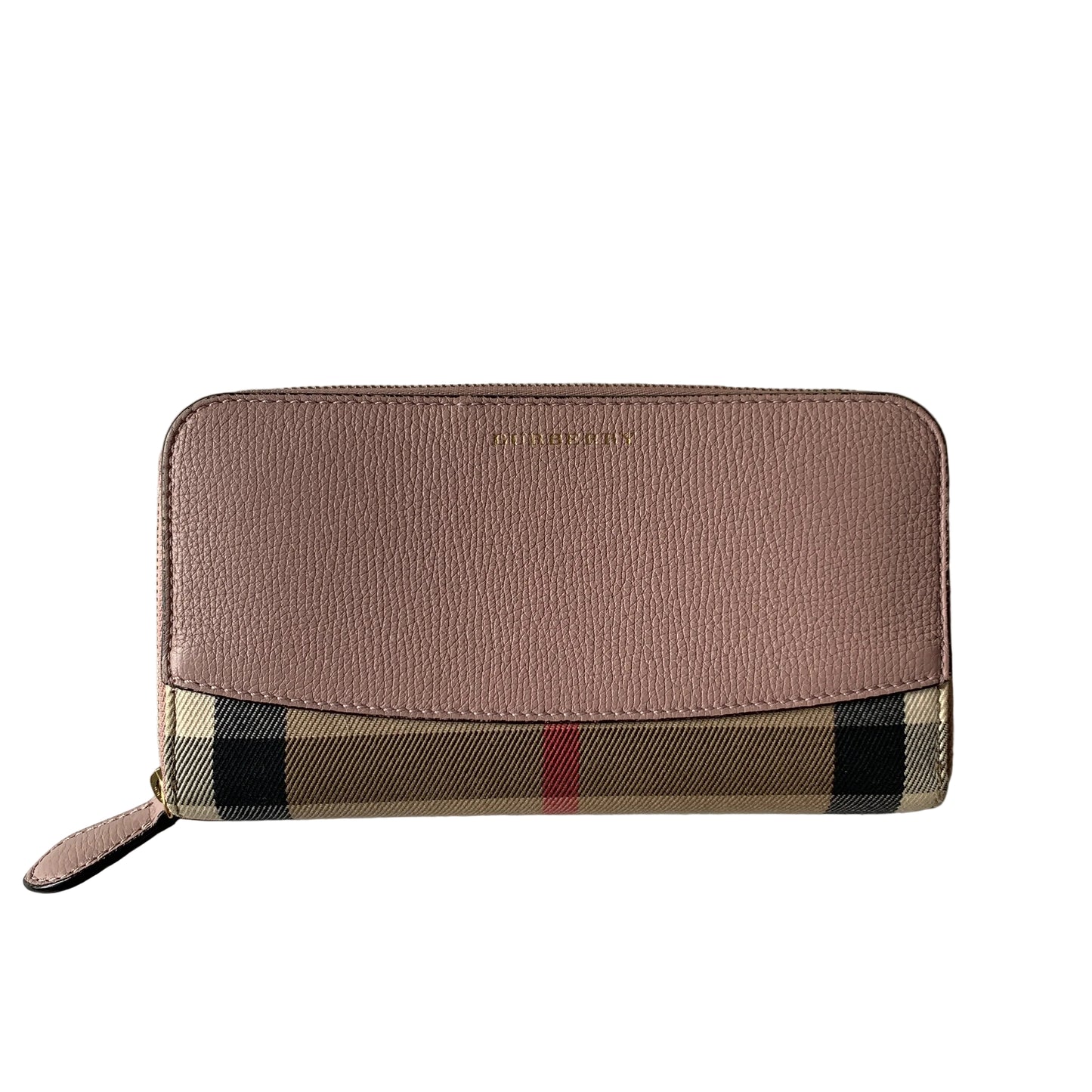 Burberry check and pink leather zipper around wallet authentic with COA