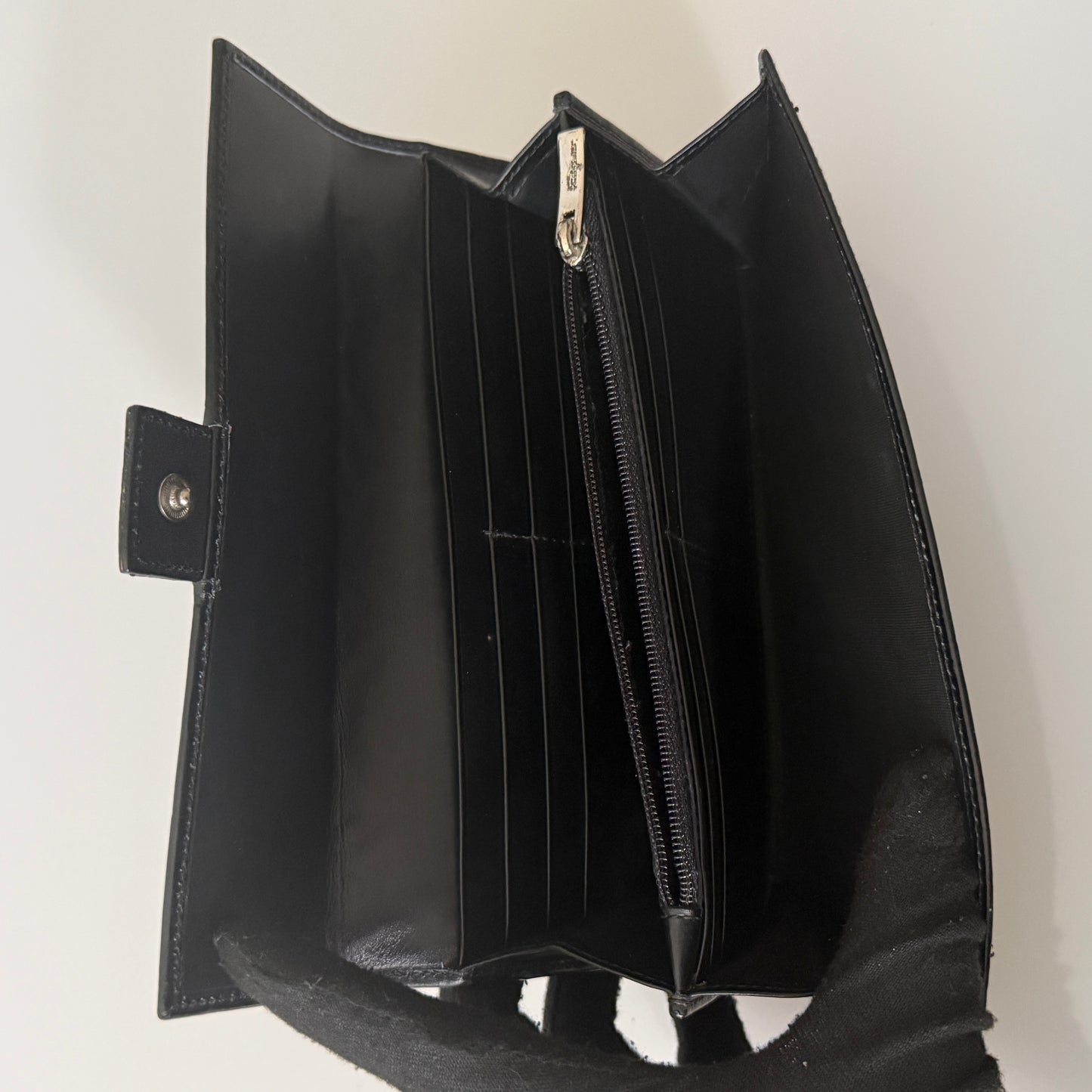 Salvatore Ferragamo Gancini full logo black leather long wallet authentic with