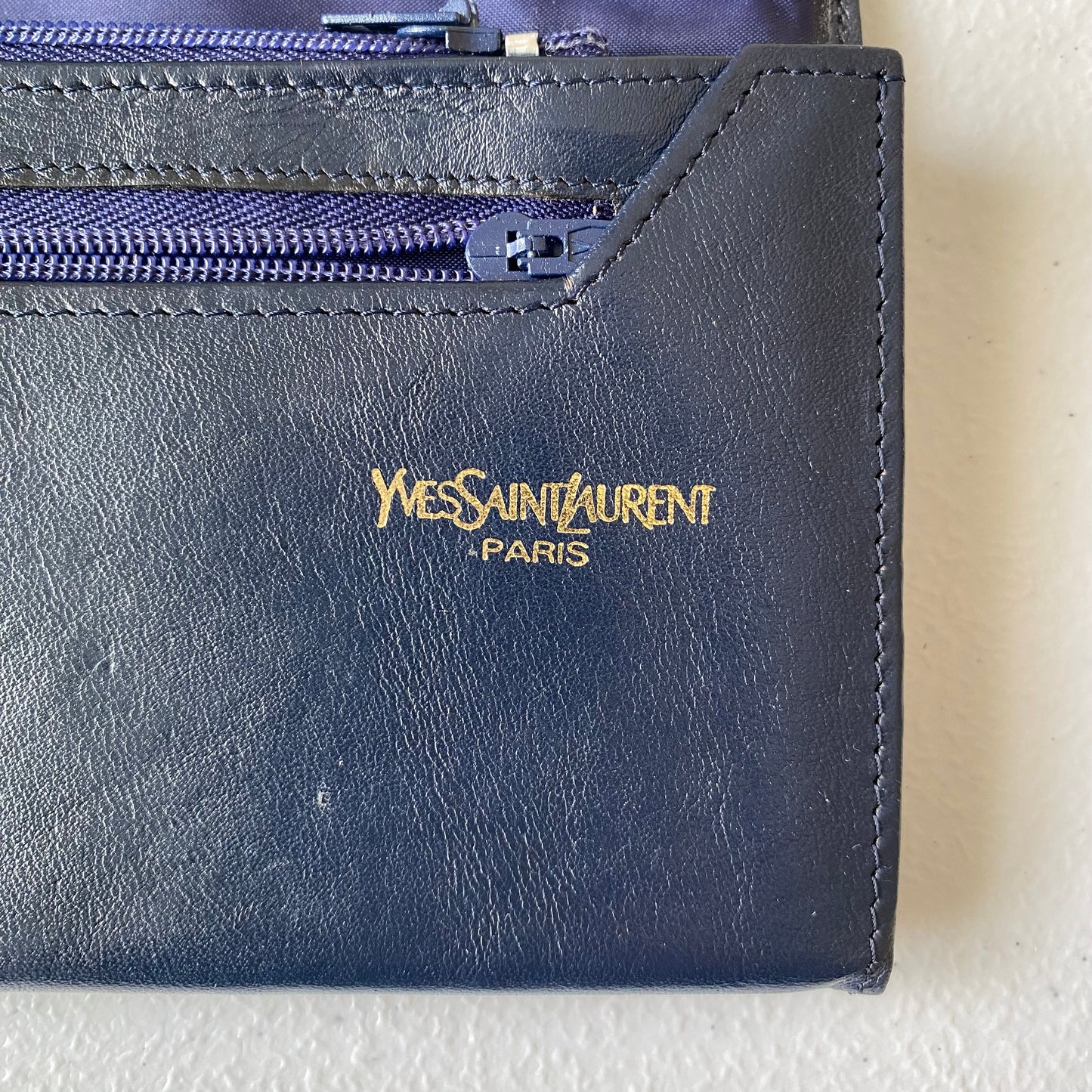Yves Saint Laurent navy leather long wallet Authentic with COA 7.2x4