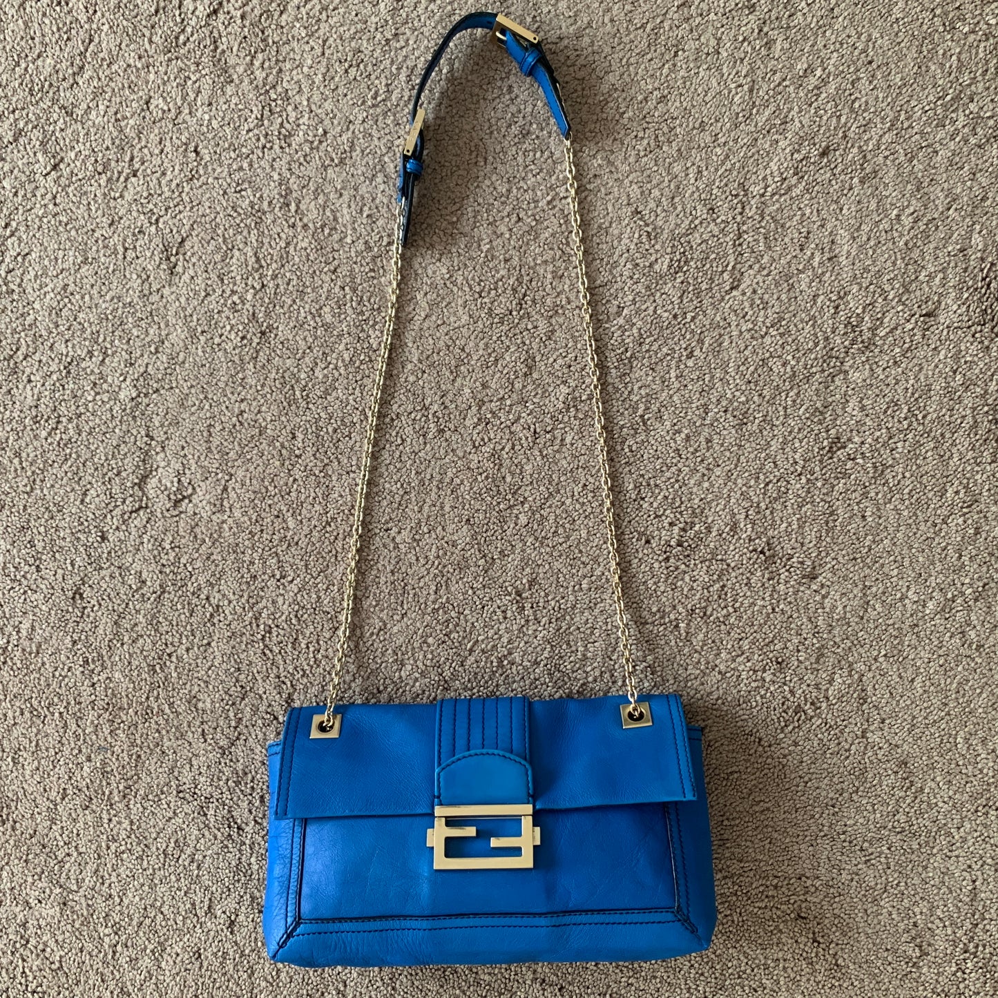 Authentic Fendi 2 way baguette chain blue leather bag with dust bag and COA