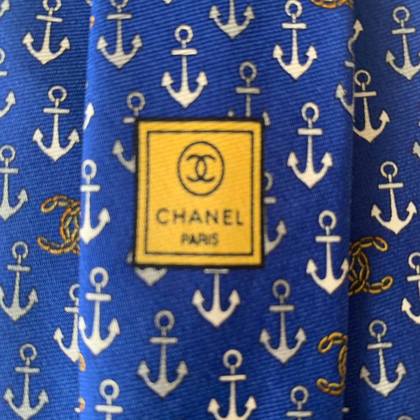 Chanel Coco mark Anchor blue silk Neck tie authentic with COA