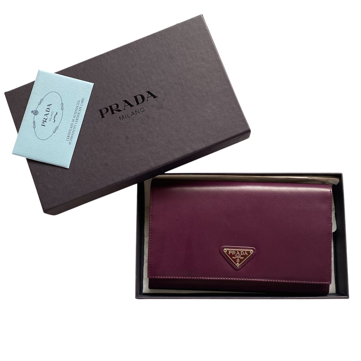 PRADA triangle logo purple leather wallet authentic with coa box card 7.2x4.2