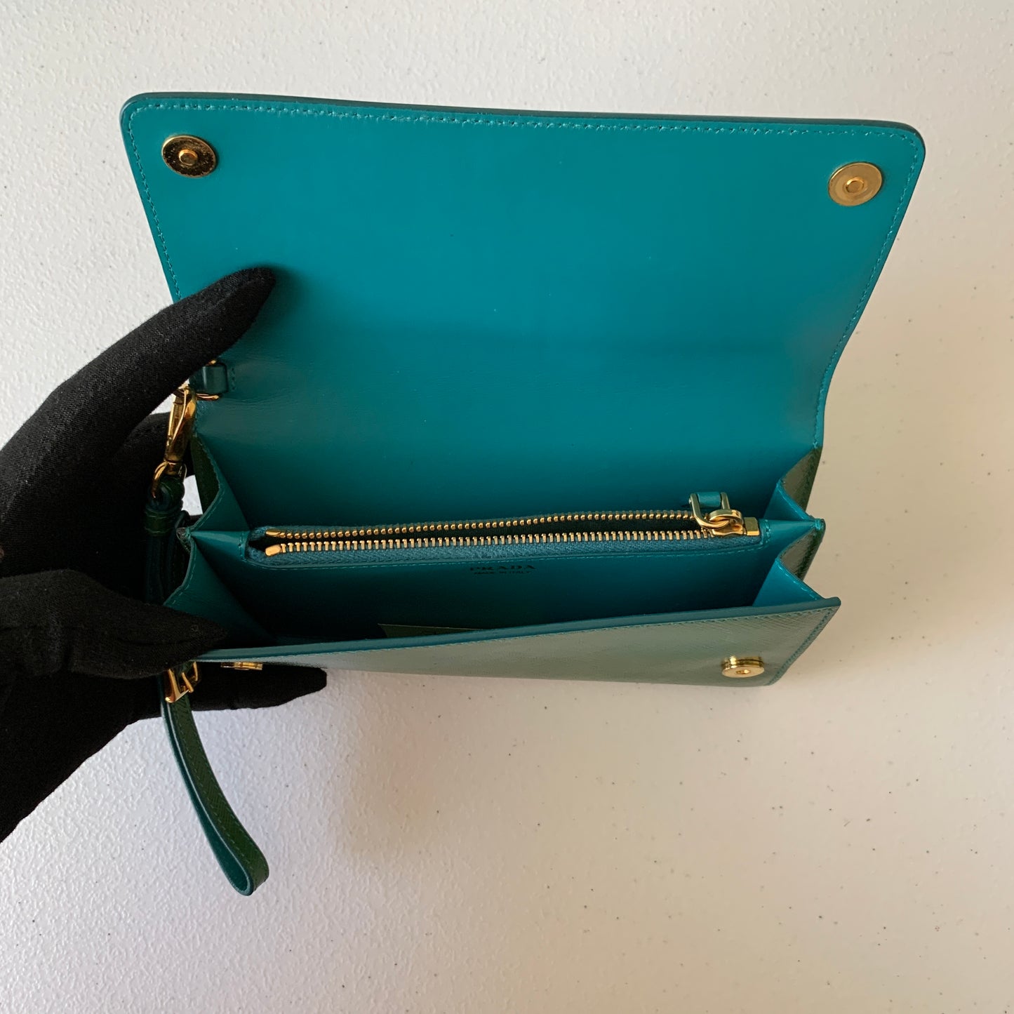 PRADA long green leather wristlet clutch bag Authentic with COA