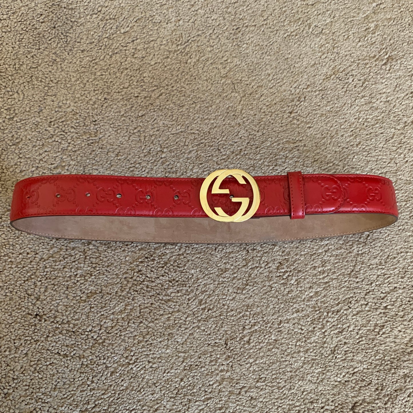 Authentic Gucci women’s red GG monogram leather belt