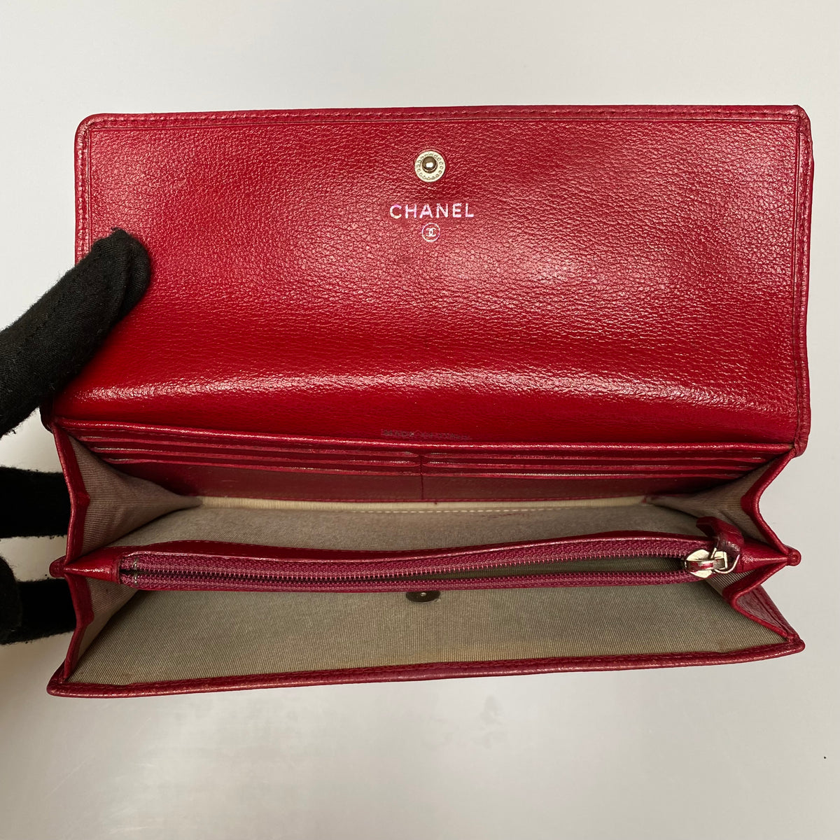Chanel camellia CC mark red leather long wallet Authentic with COA and non branded insert with chain 7.5x4