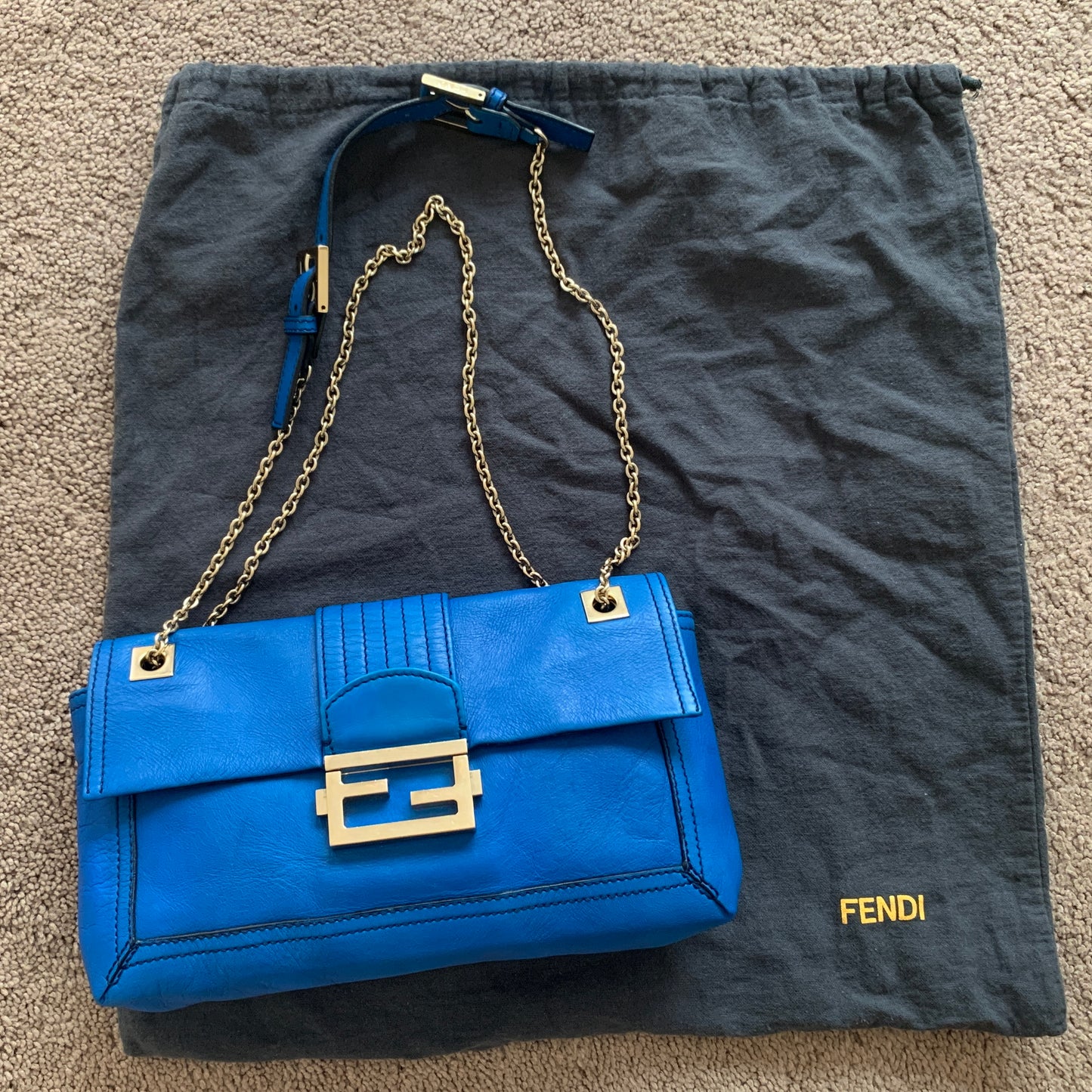 Authentic Fendi 2 way baguette chain blue leather bag with dust bag and COA