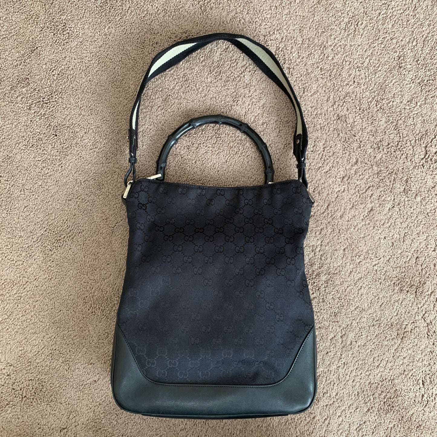 Gucci monogram 2 way bamboo handle Black bag authentic with COA