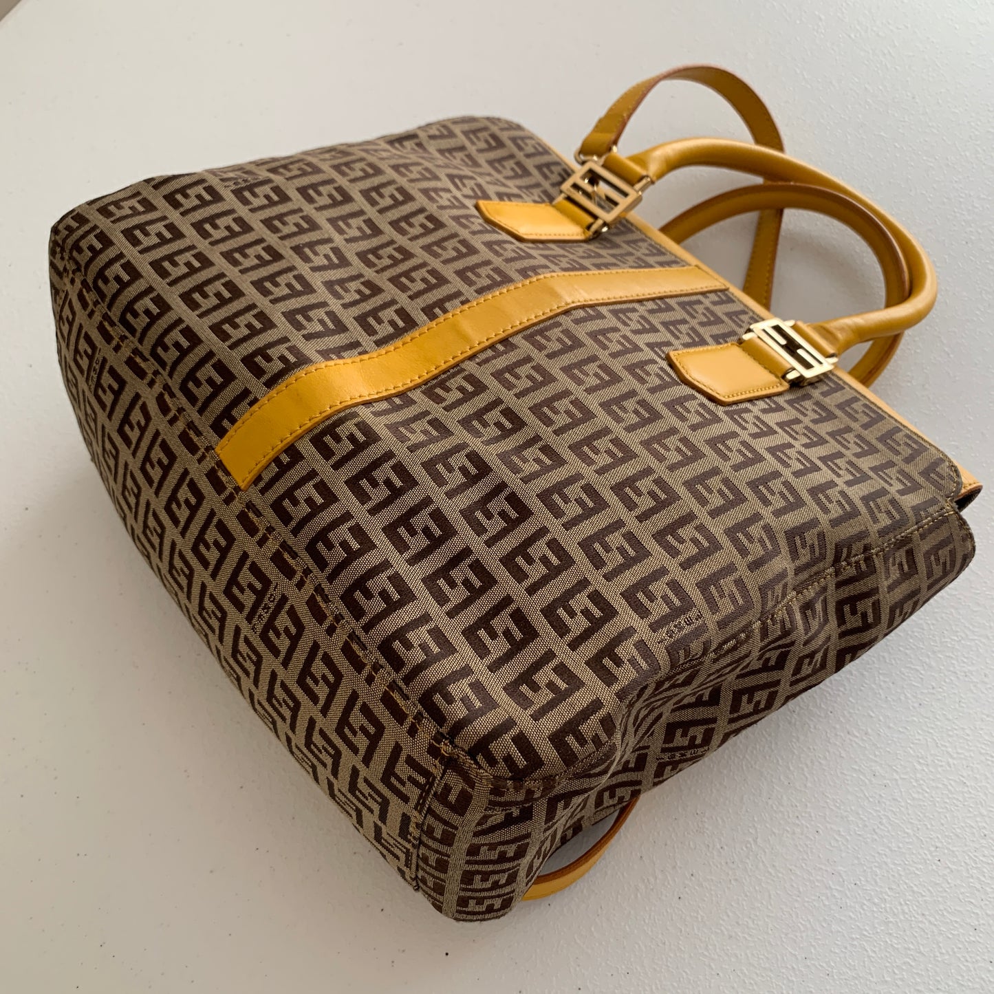Fendi zucchini monogram canvas and yellow leather bag Authentic with COA and cr