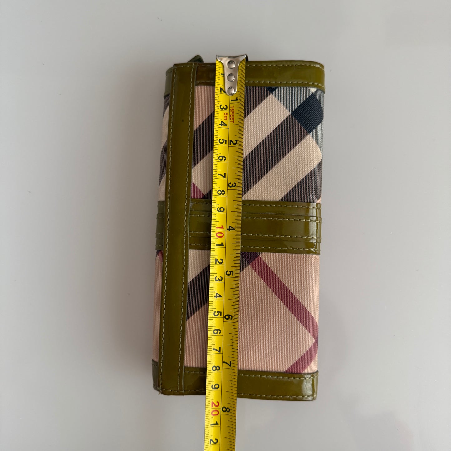 Burberry nova check and green patent leather long wallet authentic with COA