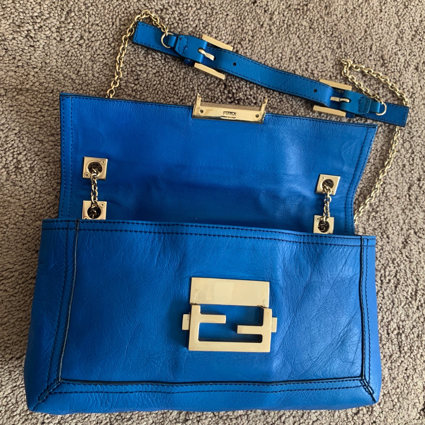 Authentic Fendi 2 way baguette chain blue leather bag with dust bag and COA