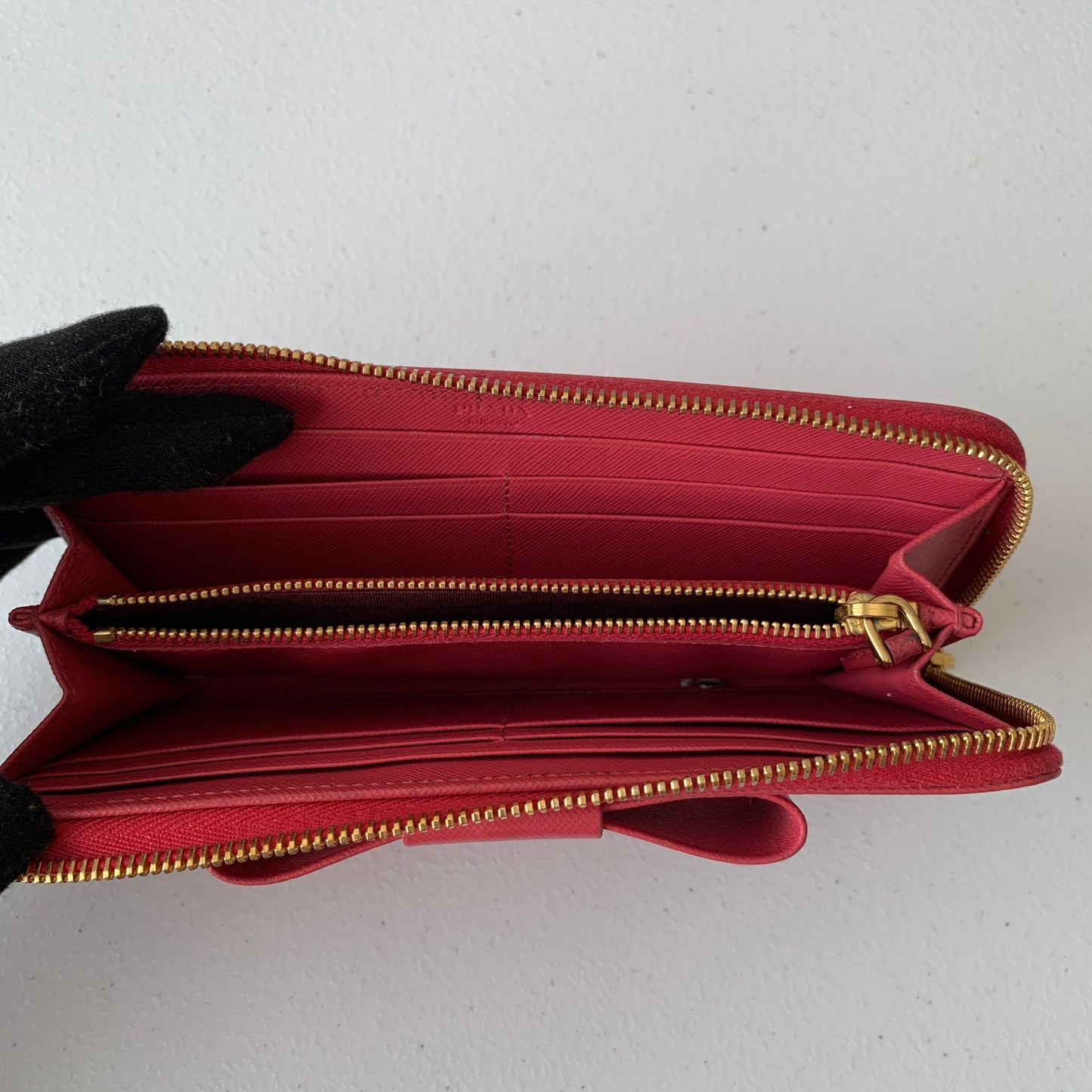 Prada fiocco bow pink saffiano leather zip around Wallet authentic with COA and