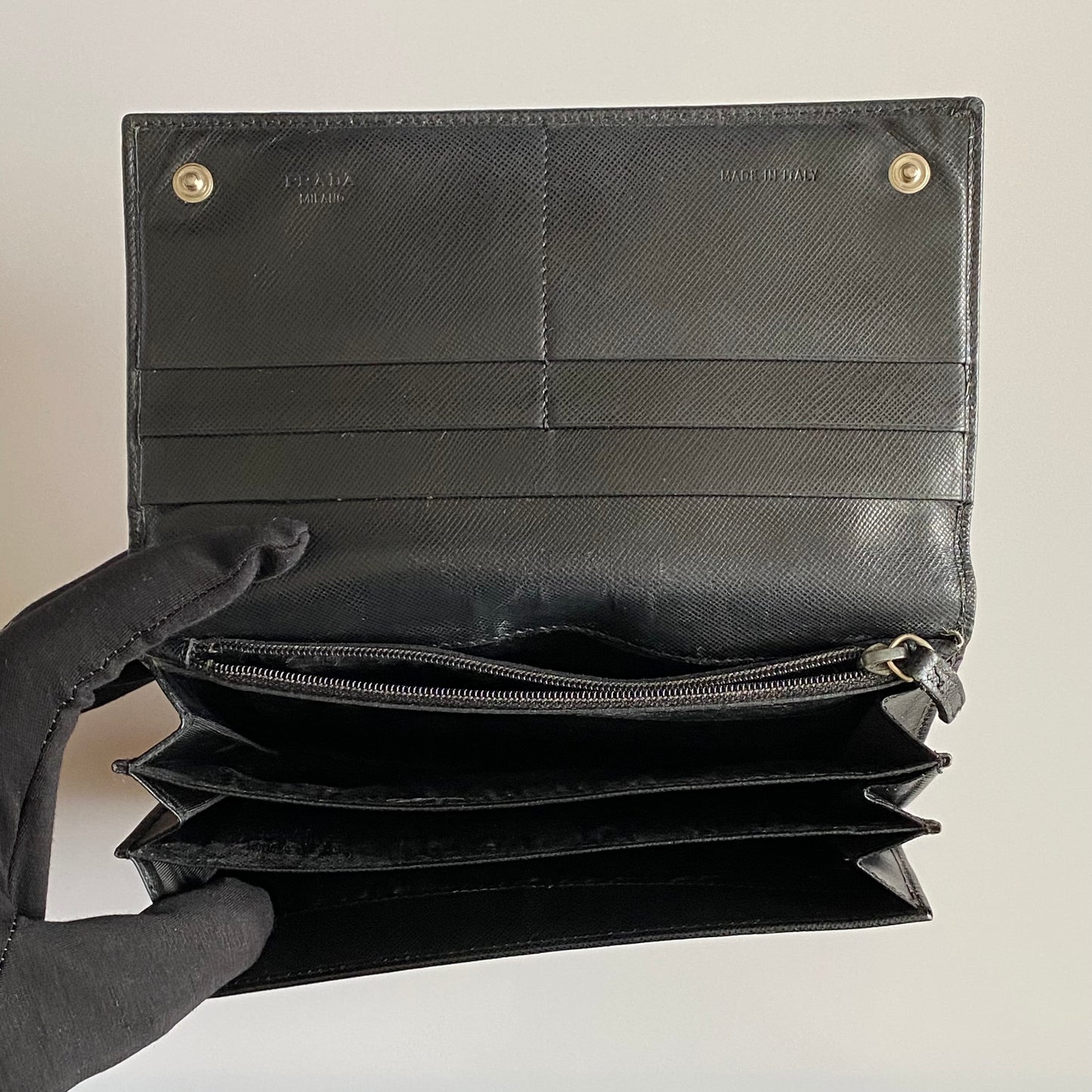 PRADA black saffiano leather triangle logo long wallet authentic with coa box