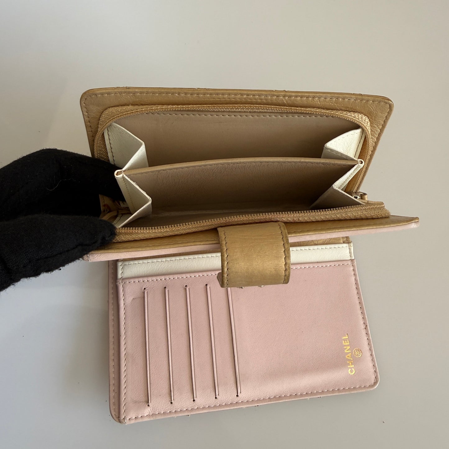 Chanel gold quilted lambskin leather bifold wallet authentic with COA