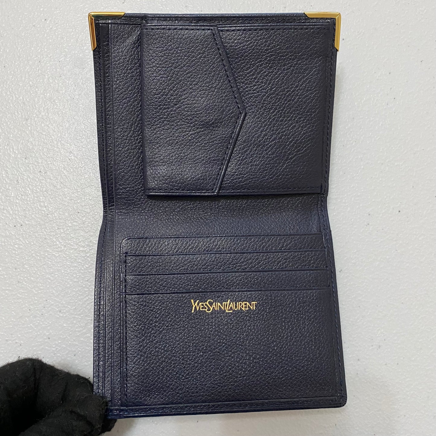 Yves Saint Laurent navy blue leather bifold wallet Authentic with coa