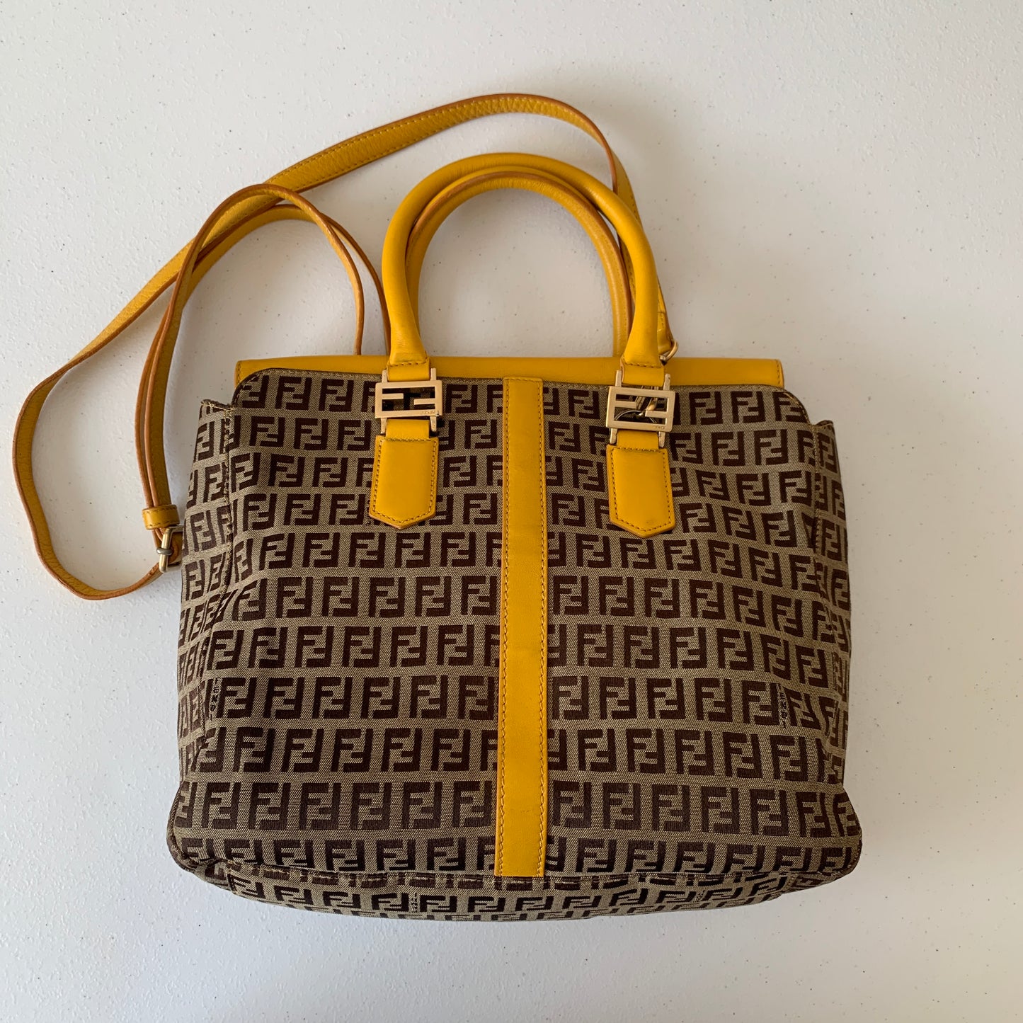 Fendi zucchini monogram canvas and yellow leather bag Authentic with COA and cr