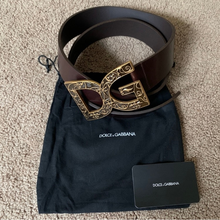 Authentic Dolce & Gabbana unisex brown leather logo belt with dust bag size 95 cm/38 inch
