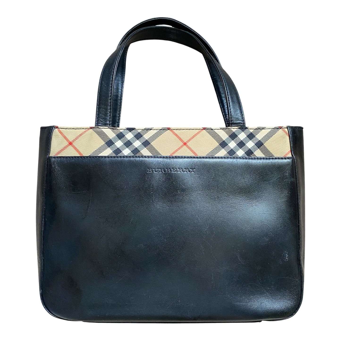 Burberry nova check black leather handbag tote bag Authentic with COA