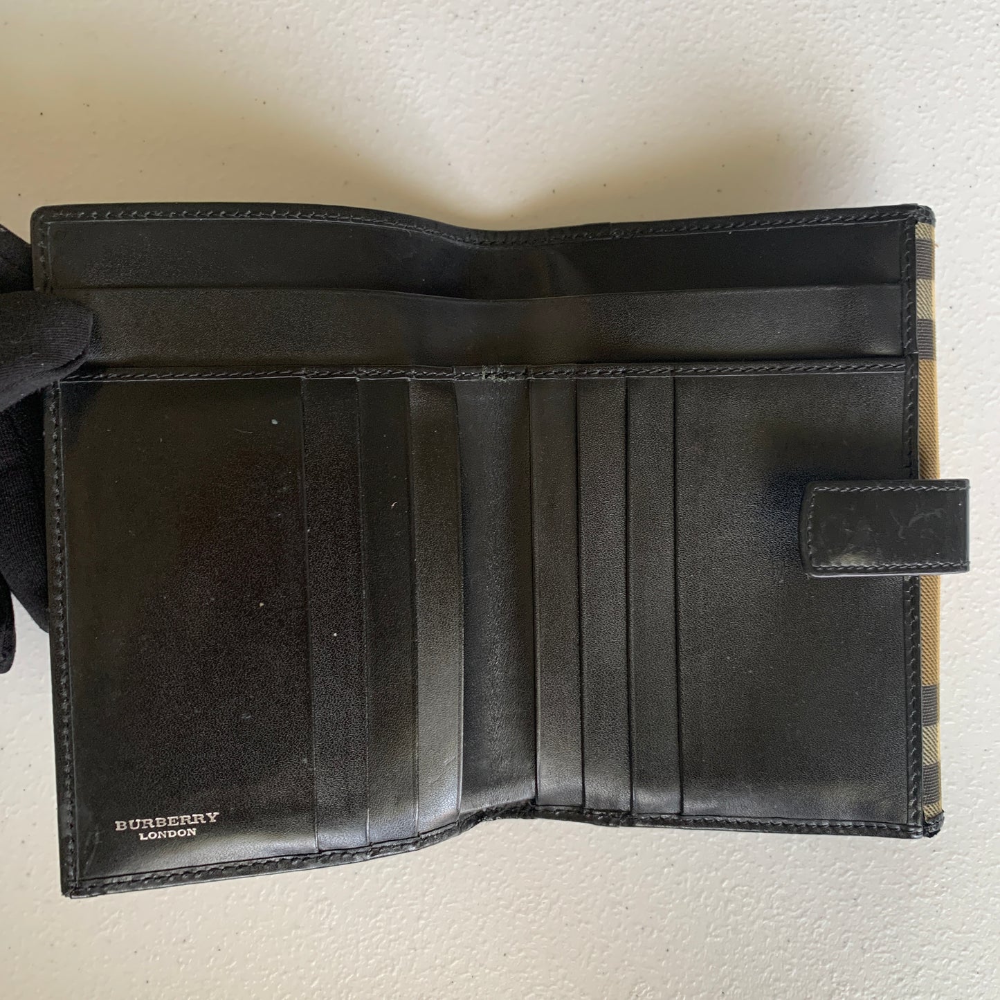 Burberry classic check black leather compact wallet authentic with COA
