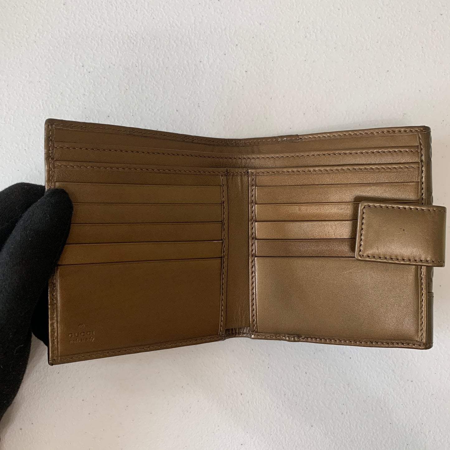 Gucci GG monogram bronze leather compact wallet authentic with COA and box