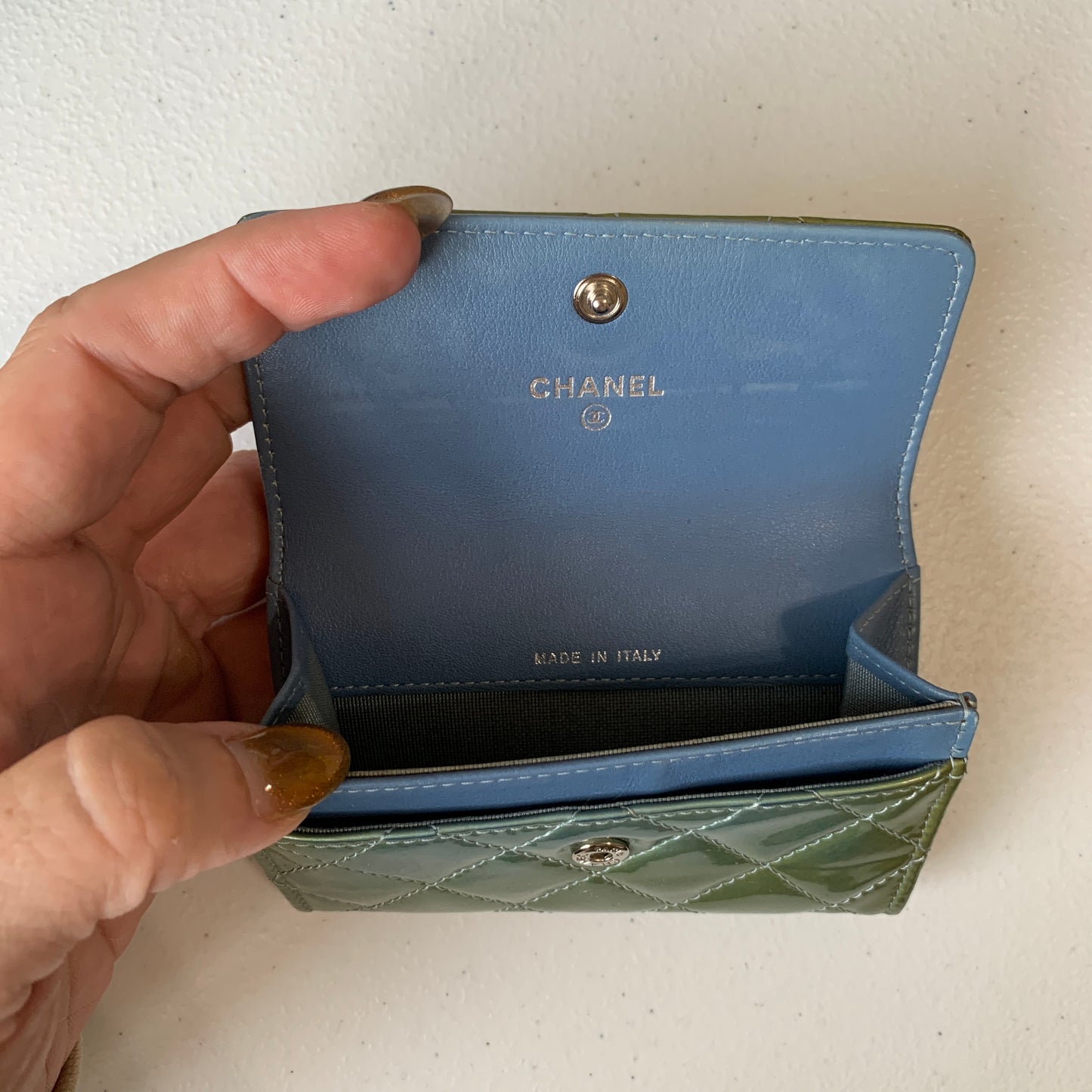 Chanel green patent leather card holder mini wallet authentic with COA box