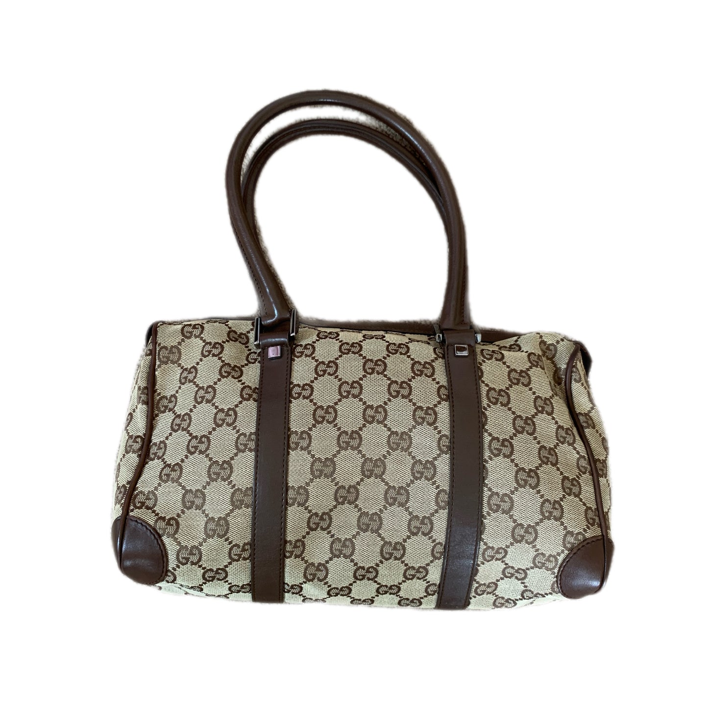 Gucci monogram canvas and brown leather Boston bag authentic with COA and dust