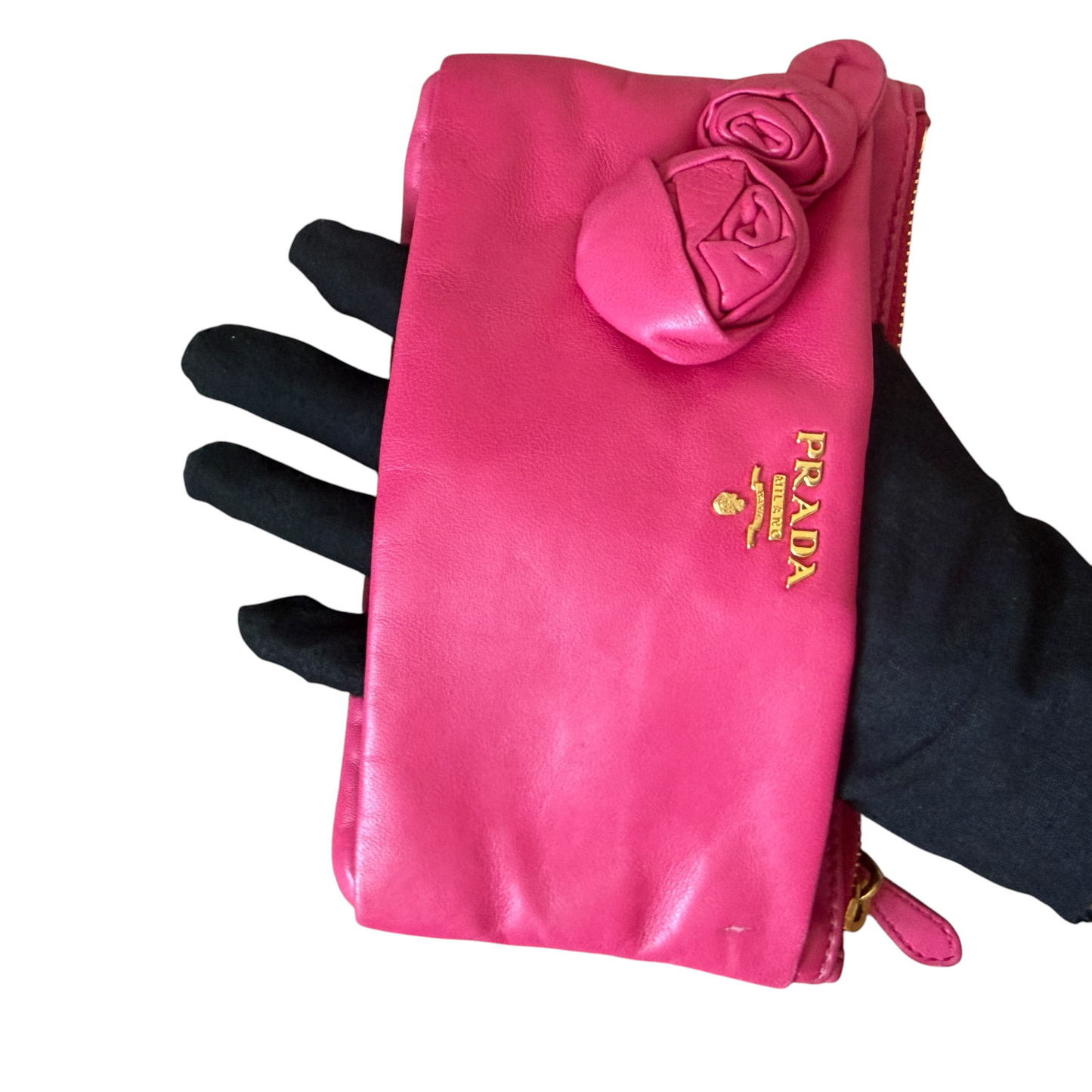 Prada pink leather rose appliqué clutch bag authentic with COA