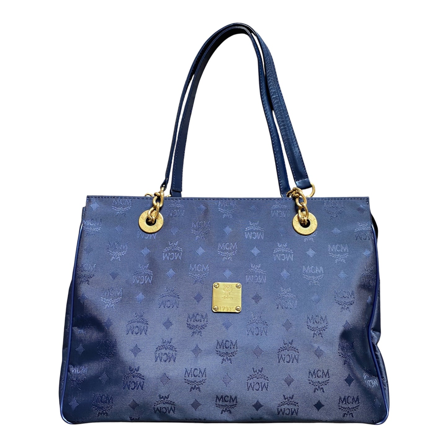 MCM blue logo shoulder tote bag authentic with COA