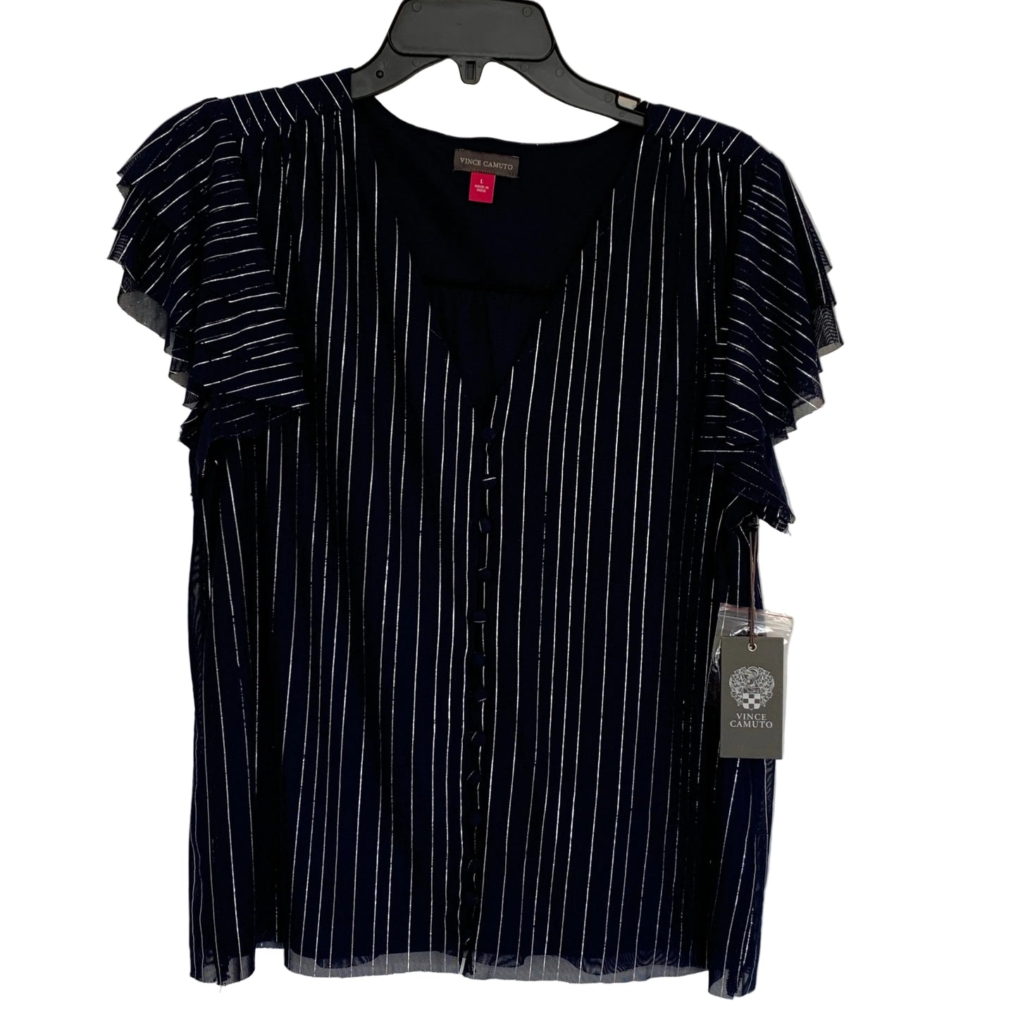 Vince Camuto Womens NWT navy blue & silver striped blouse size large