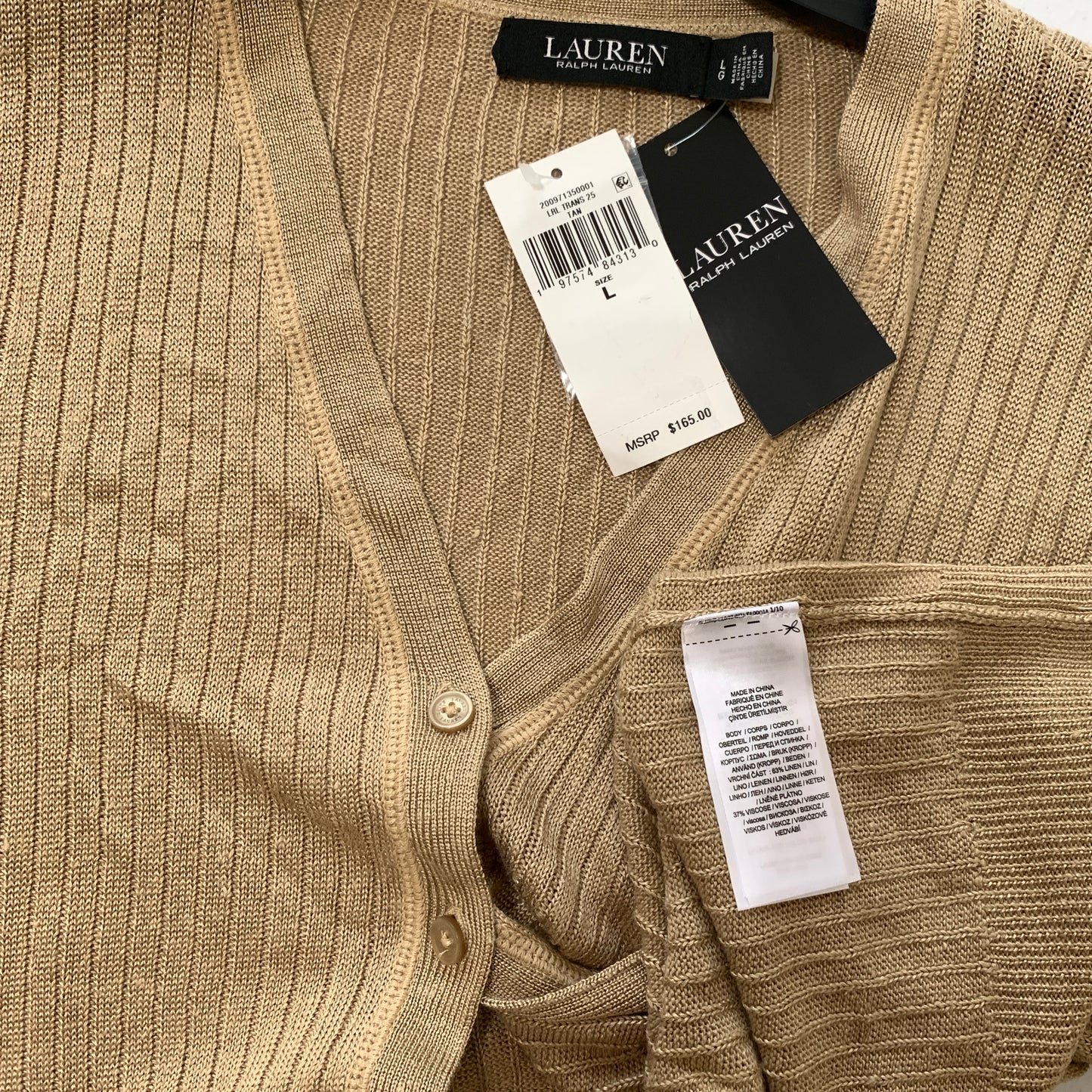 Lauren Ralph Lauren women’s NWT tan V-neck button up cardigan sweater size larg
