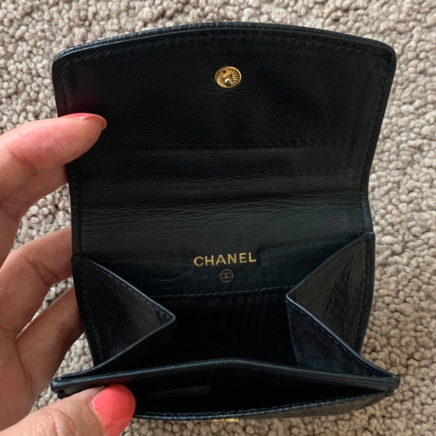 Authentic Chanel unisex caviar black leather coin wallet with authenticity card