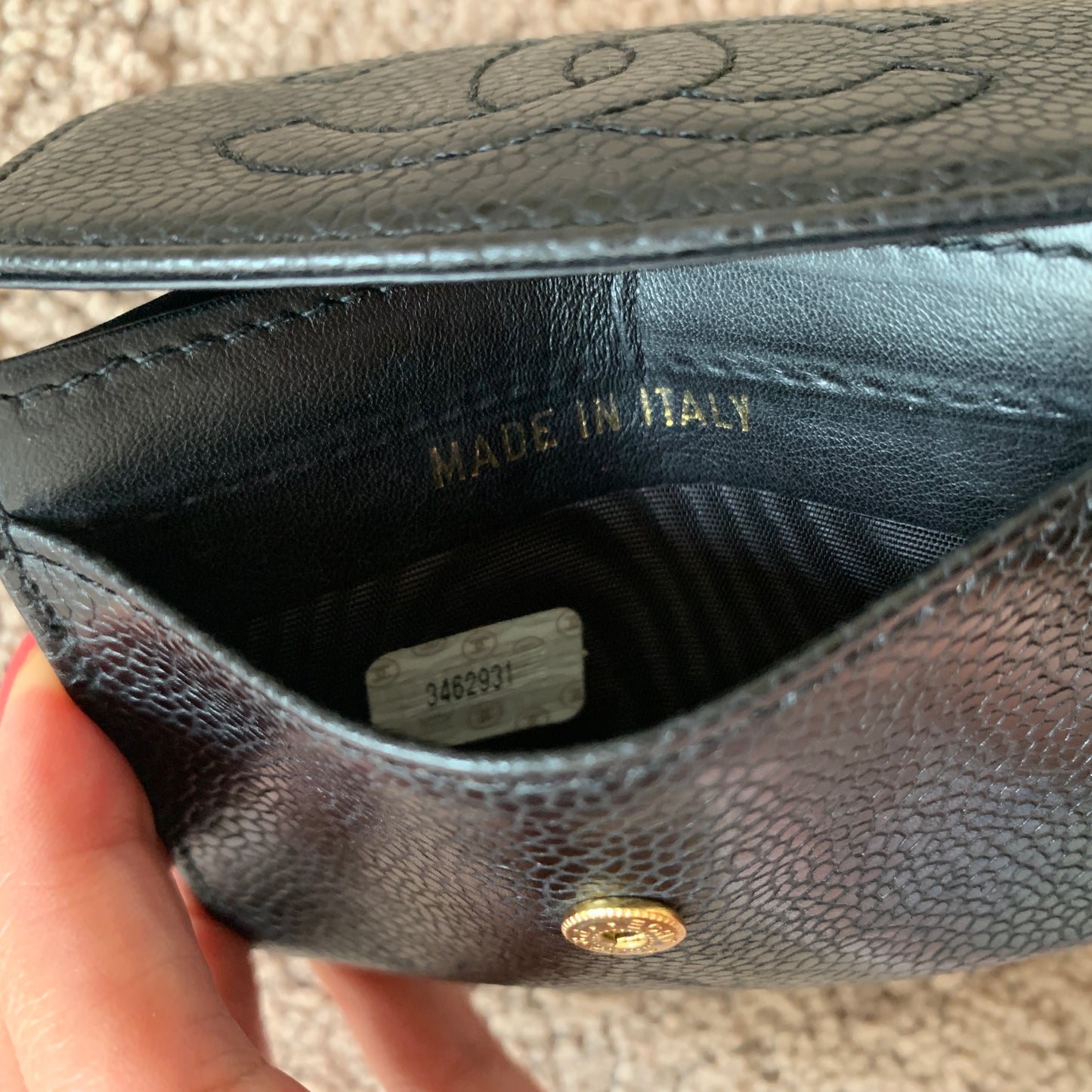 Authentic Chanel unisex caviar black leather coin wallet with authenticity card